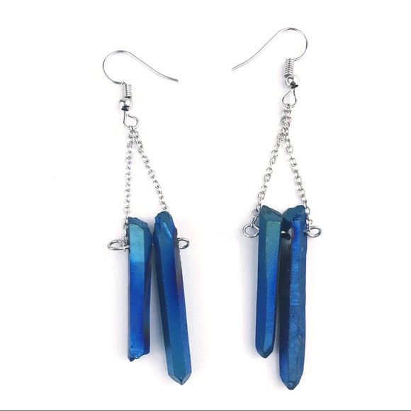 Aura Quartz Earrings Blue Rainbow Crystal Drop - Picture 2 of 3